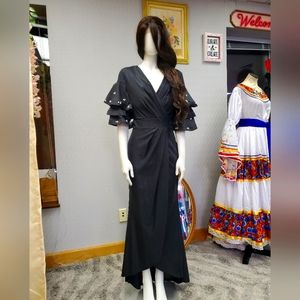 Zizi Black Shimmery Beaded Ruffle Sleeves Mermaid High-Low Dress